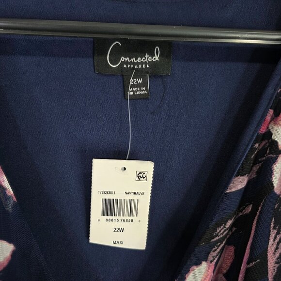 Womens Connected Apparel Navy & Pink Floral Maxi Faux Wrap Dress 3/4 Sleeves 22W - Picture 3 of 8